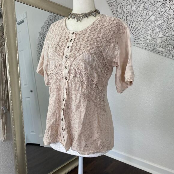 Boho Cottagecore Milkmaid Cream Tan Embroidered Lace Button Down Blouse Top OS - Picture 3 of 7